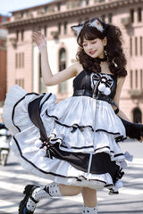 Black/White [Cat Fist] Triple-Layered Ruffle Bowknot Sweet Lolita Jsk Dress - Product - 9