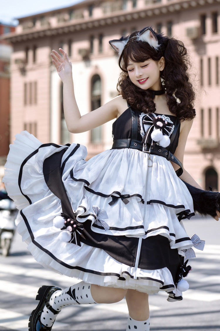 Black/White [Cat Fist] Triple-Layered Ruffle Bowknot Sweet Lolita Jsk Dress - Product - 9