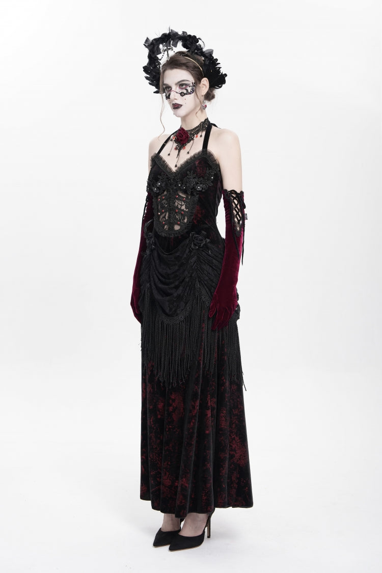 Red Sleeveless Hollow Floral Embroidery Lace-Up Pleated Women's Gothic Maxi Dress - Product - 11