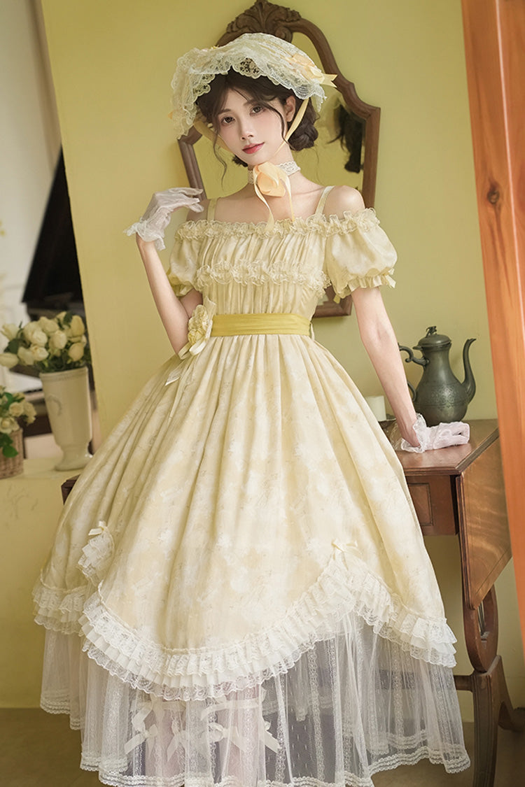 Yellow [Falling Flowers as a Message] Square Collar Short Sleeves Print Ruffle Lace Sweet Elegant Lolita Long Dress - Product - 2