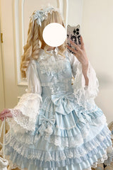 Blue Multi-Layered Ruffle Bowknot Stitching Lace Sweet Lolita Jsk Dress - Product - 3