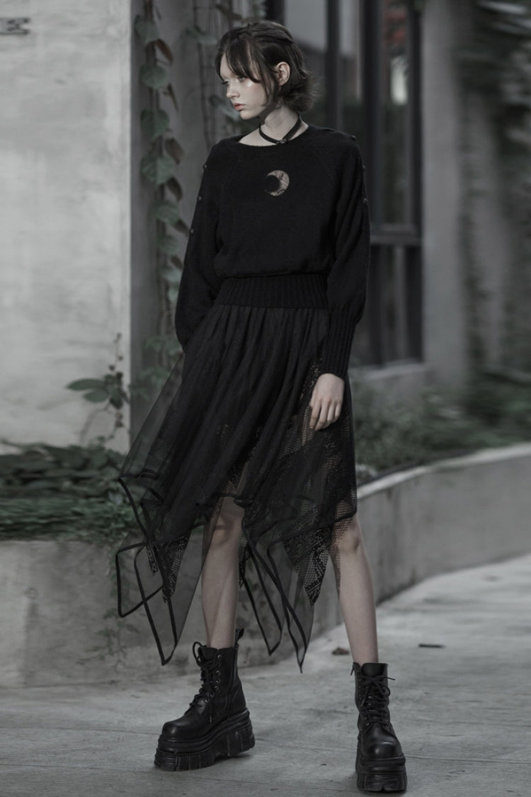 Black Embroidery Lace Asymmetric Hem Women's Gothic Skirt - Product - 3