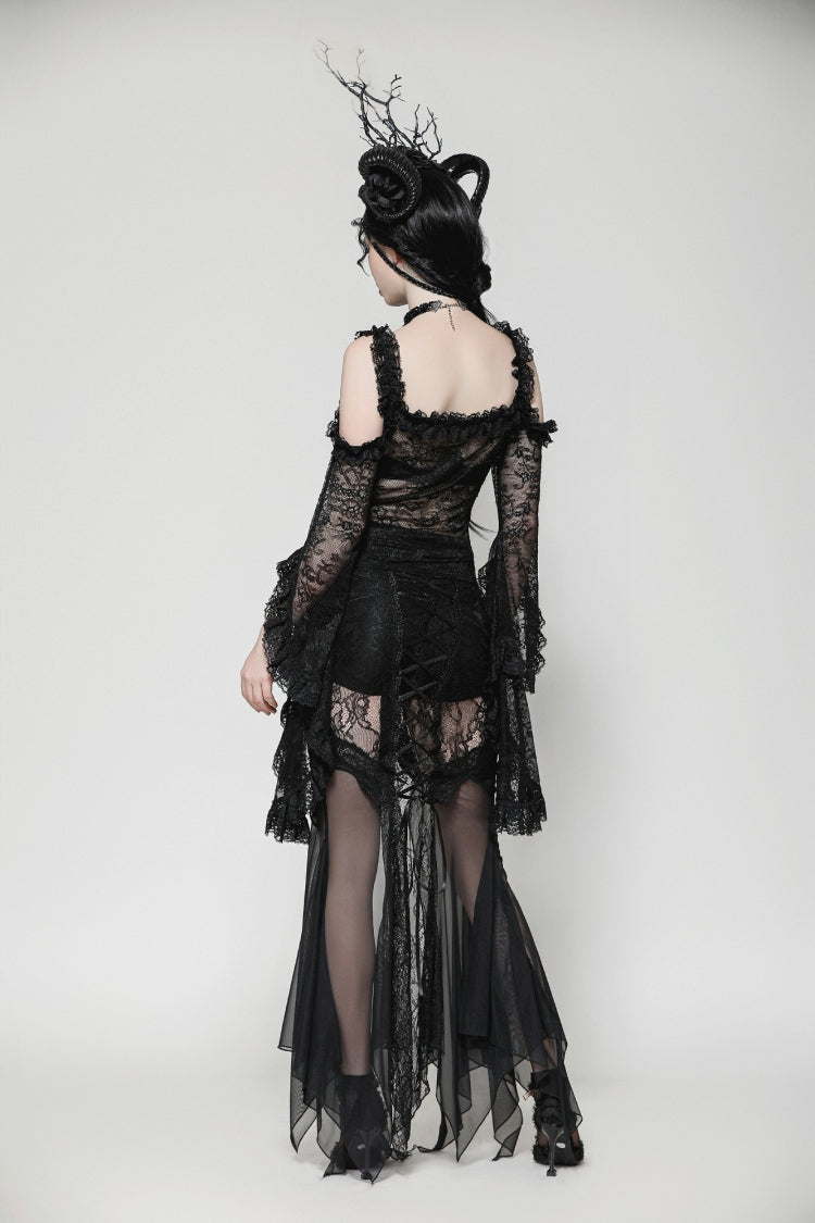 Black Lace-Up Mesh Spliced Lace Women's Gothic Fishtailed Skirt - Product - 4