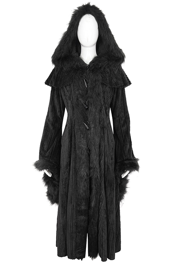 Black Flared Sleeved Fluffy Long Women's Gothic Coat With Hood - Product - 6