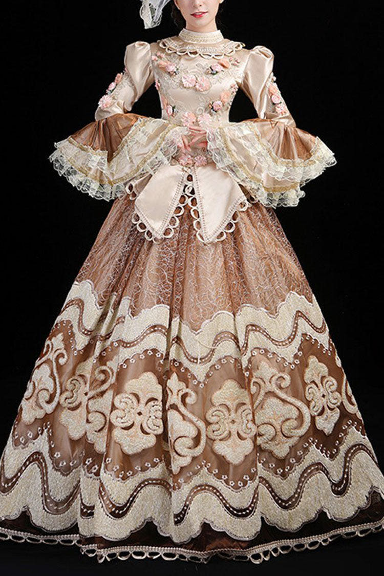 Champagne Multi-Layer Hime Sleeves High Waisted Hollow Embroidery Three-Dimensional Flower Print Victorian Lolita Prom Dress - Champagne - 1