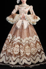 Champagne Multi-Layer Hime Sleeves High Waisted Hollow Embroidery Three-Dimensional Flower Print Victorian Lolita Prom Dress - Champagne - 1