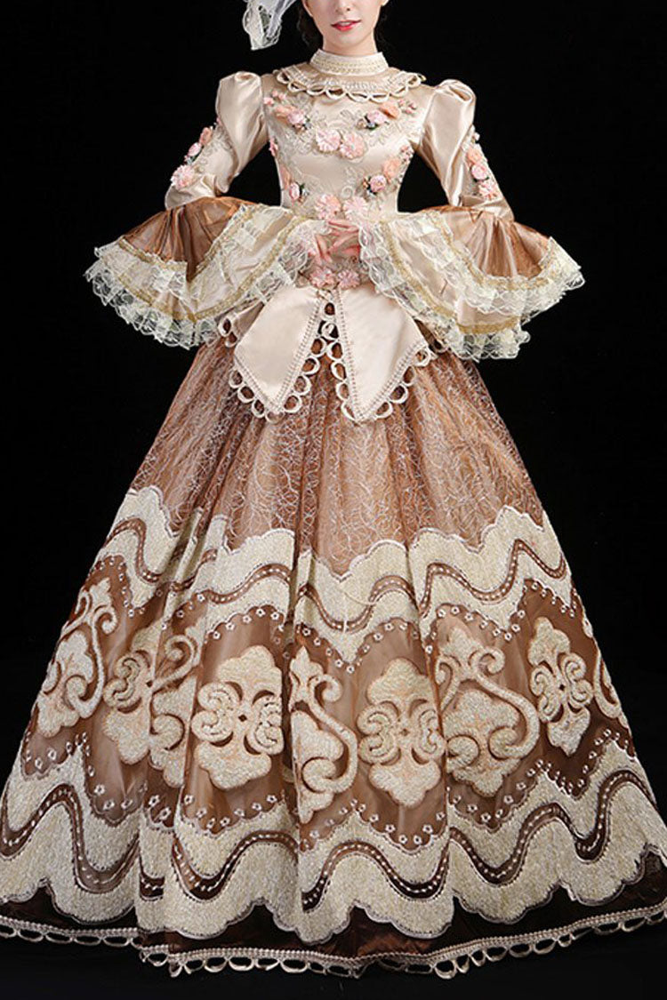 Champagne Multi-Layer Hime Sleeves High Waisted Hollow Embroidery Three-Dimensional Flower Print Victorian Lolita Prom Dress - Champagne - 1