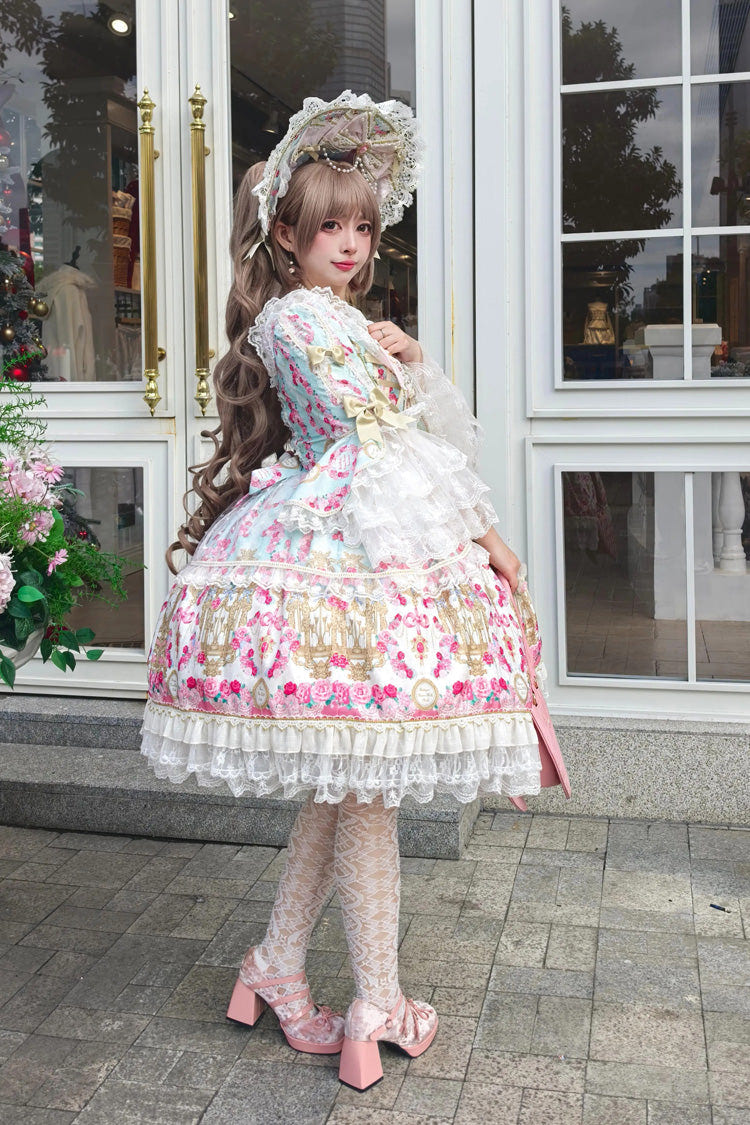 Mint Green/Pink [Rose Garden Prelude] Square Collar Long Trumpet Sleeves Printed Ruffled Bow Lace Lace-Up Sweet Lolita Dress - Product - 6
