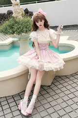 Pink [Love Diary] Multi-Layered Ruffle Bowknot Lace-Up Sweet Lolita Jsk Bustier Dress - Product - 4