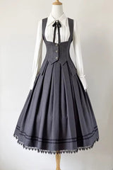 Grey [Griffin’s Pact] Striped Printed Ruffled Gothic Lolita Skirt Vest Set - Product - 3