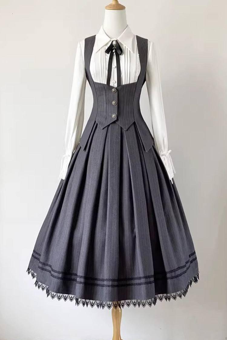 Grey [Griffin’s Pact] Striped Printed Ruffled Gothic Lolita Skirt Vest Set - Product - 3