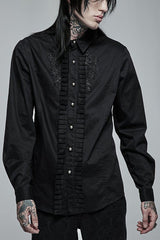 Black Gothic Delicate Decals Placket Pleated Ruffle Long Sleeve Men's Shirt - Black - 1