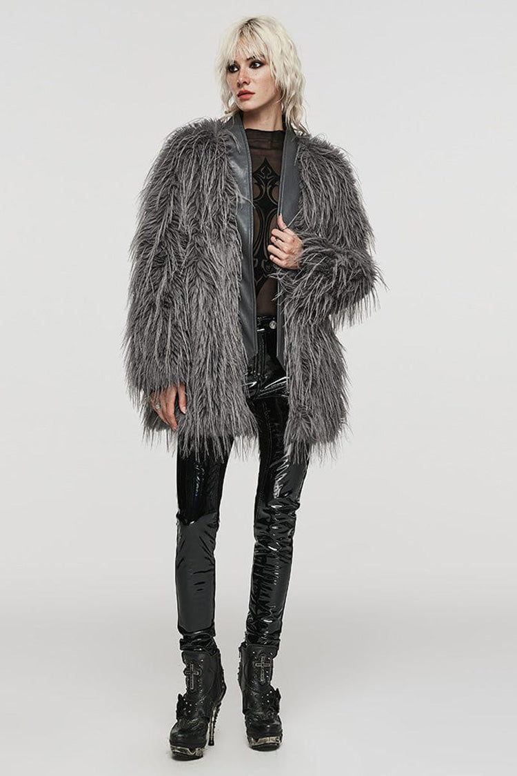 Grey Faux Fur Wool Side Long Sleeves Stitching Womens Gothic Elegant Coat - Product - 4
