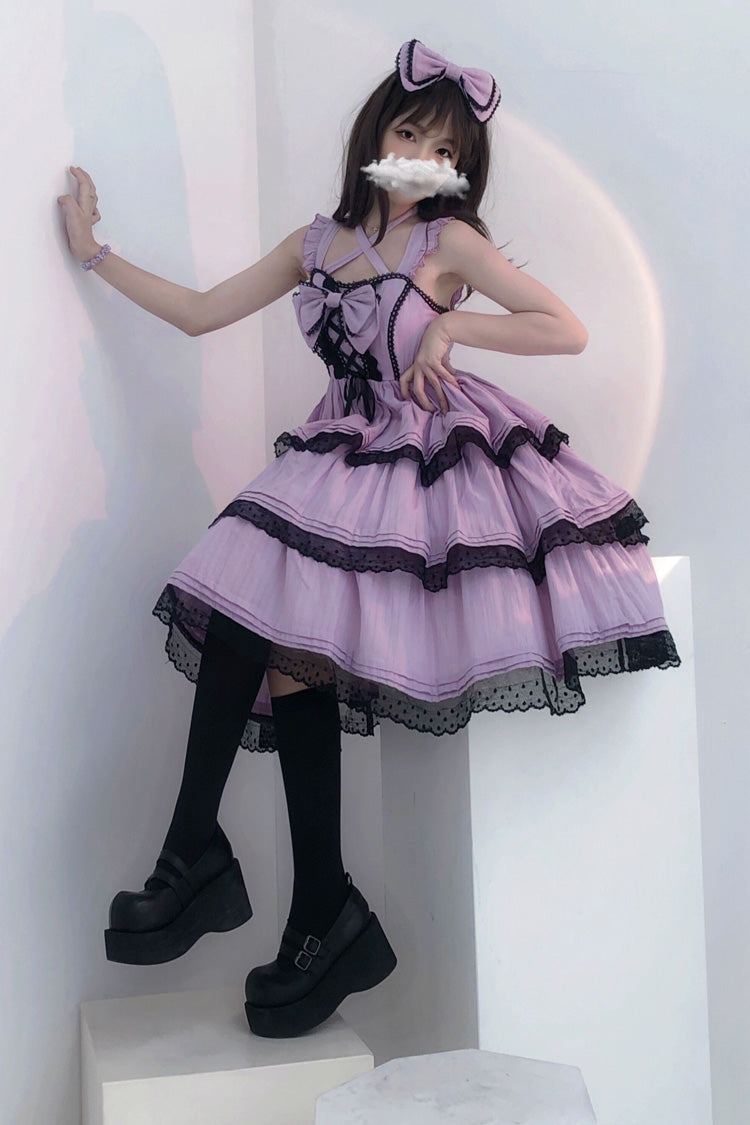 Purple First Love Triple-Layered Ruffle Bowknot Lace Sweet Lolita Jsk Dress - Product - 3