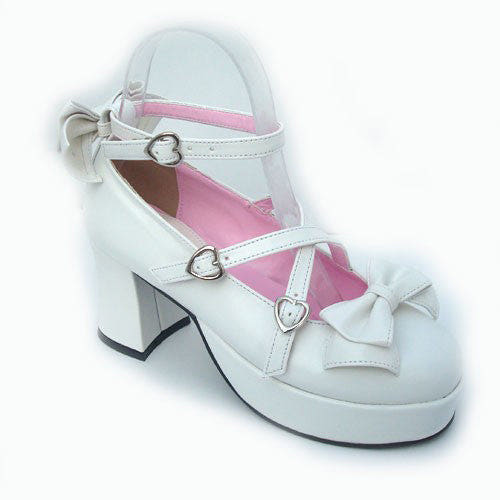 White Patent Leather Point Toe Bow Platform Classic Lolita Shoes - White - 1