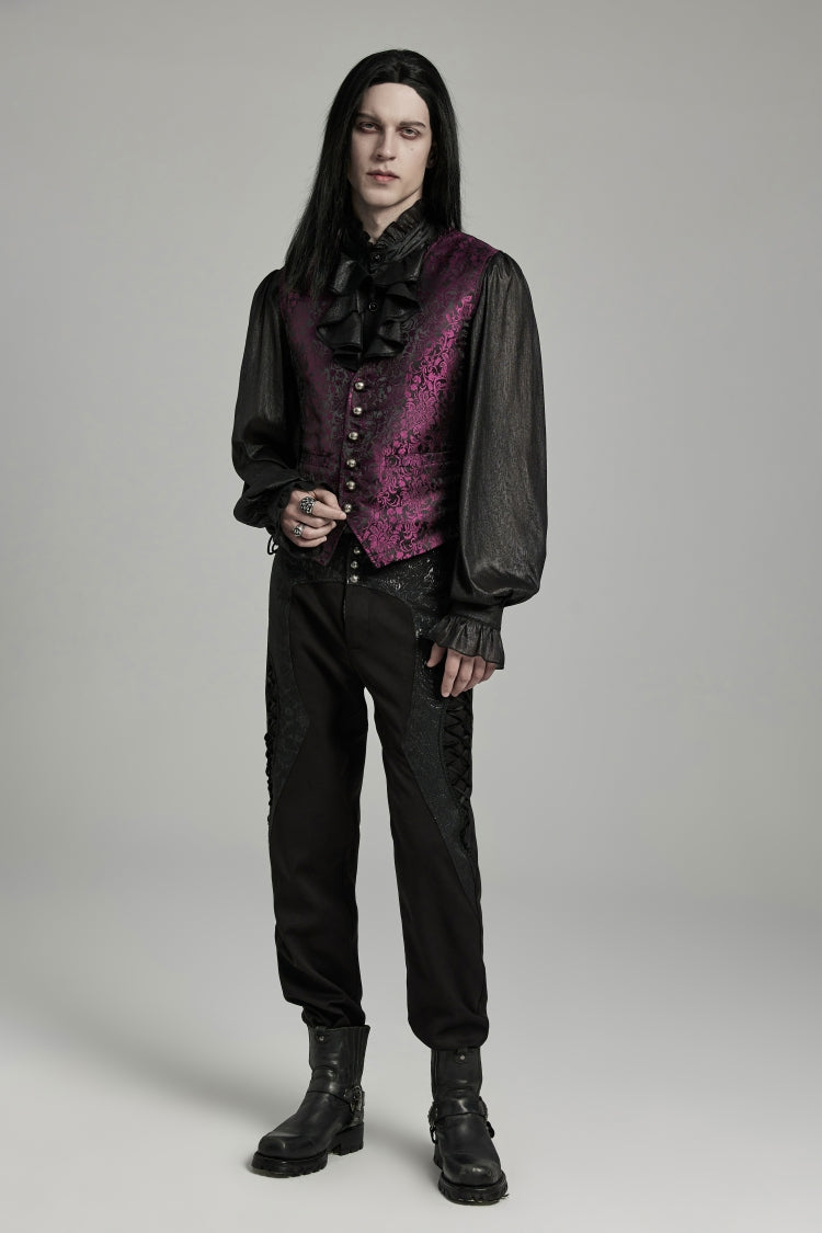Black/Red Jacquard Lace-Up Slim Men's Gothic Vest - Product - 7