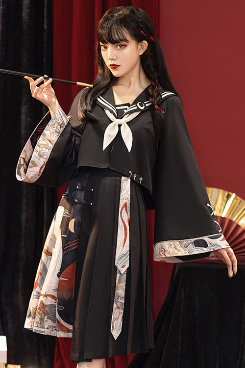 Black Bad Girl Chinese Elements Printed Asymmetric Pleated Skirt Full Set Of Classic Lolita Dress - Product - 4