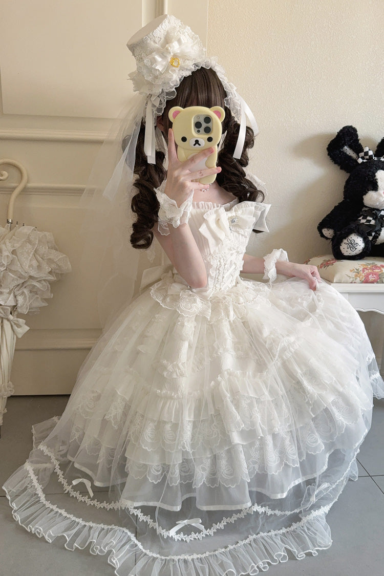 White [Eternal Vow] Sleeveless Multi-Layered Ruffle Hanayome Bowknot Lace Lace-Up Sweet Lolita Jsk Dress - Product - 6