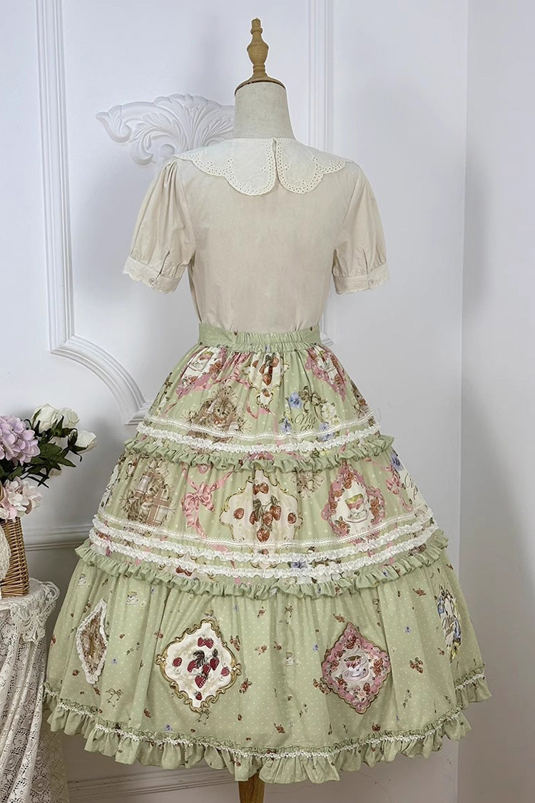 Green [Cat Rose Tea] Print Ruffle Sweet Gorgeous Lolita Skirt - Product - 4