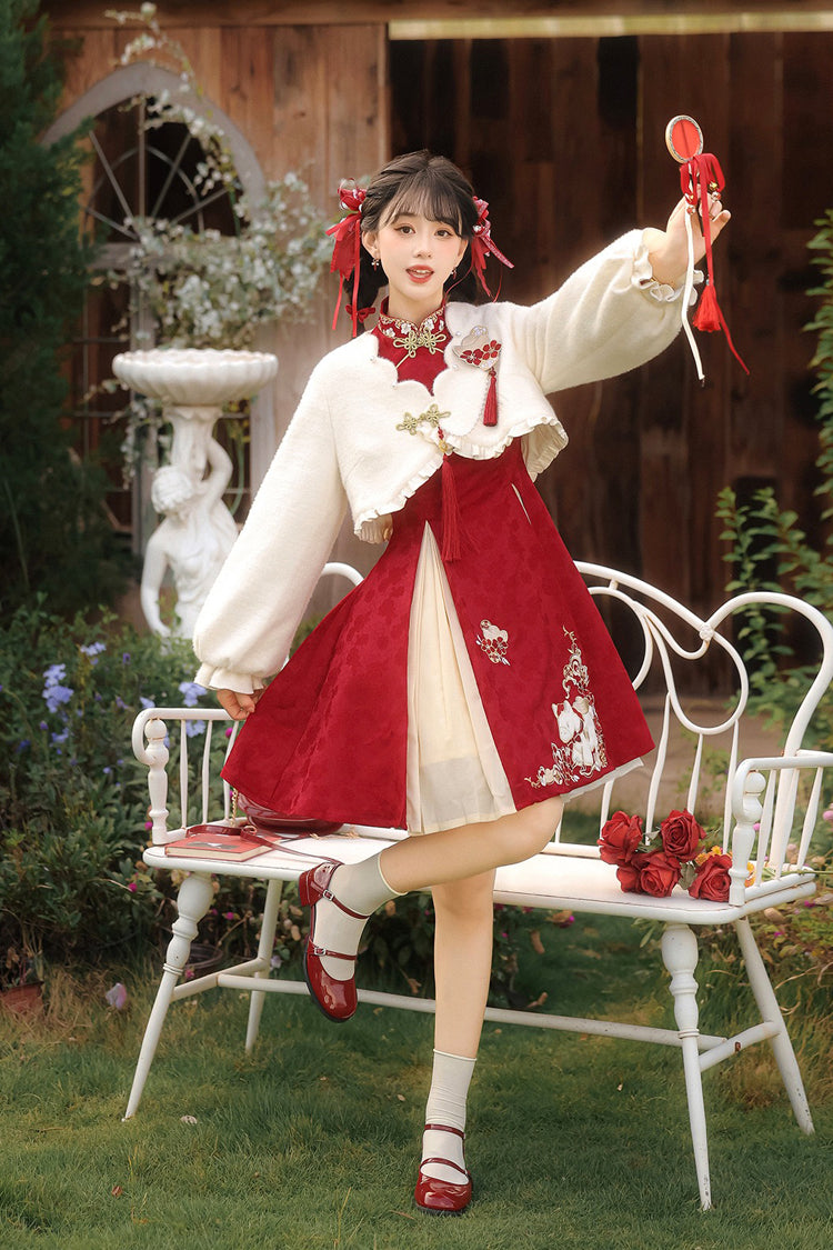 Red/White Stand Collar Long Sleeves High Waisted Embroidery Women's Sweet Chinese Style Hanfu Dress Two-piece Set - Product - 6