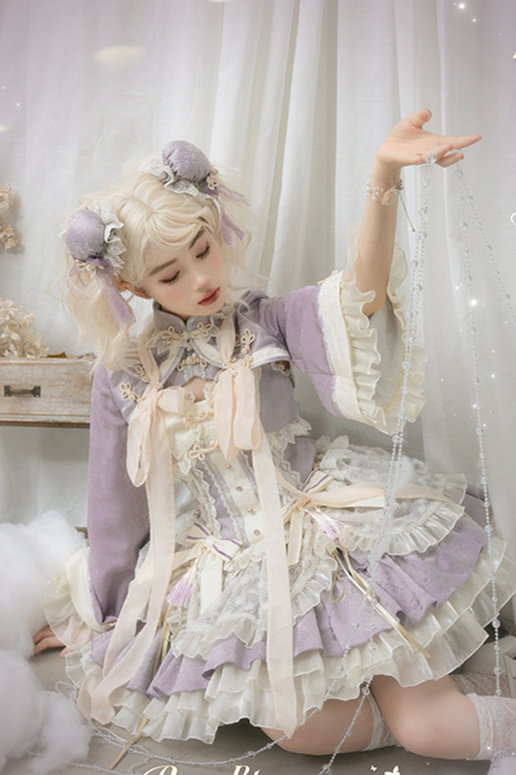 Purple White Pear Dream Multi-layer Ruffle Lace Sweet Chinese Style Princess Lolita Jsk Dress - Product - 6