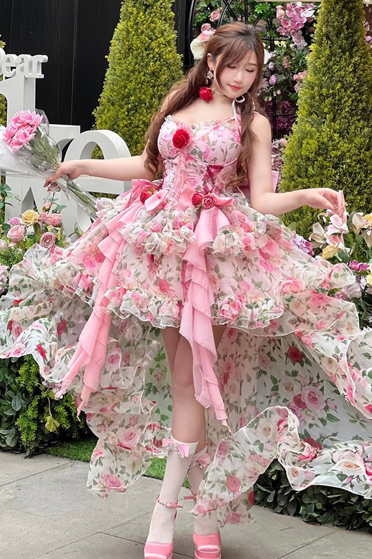 Pink Multi-Color Rose Print Sleeveless Sweet Lolita Strapless Dress - Product - 3