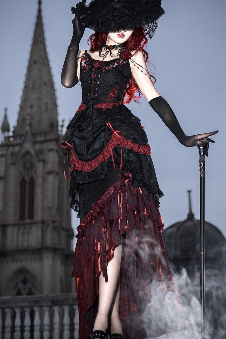 Black/Red [Rotten Bone Flower] Sleeveless Ruffled Embroidered Lace-Up Gothic Lolita Skirt Dress Set - Product - 12