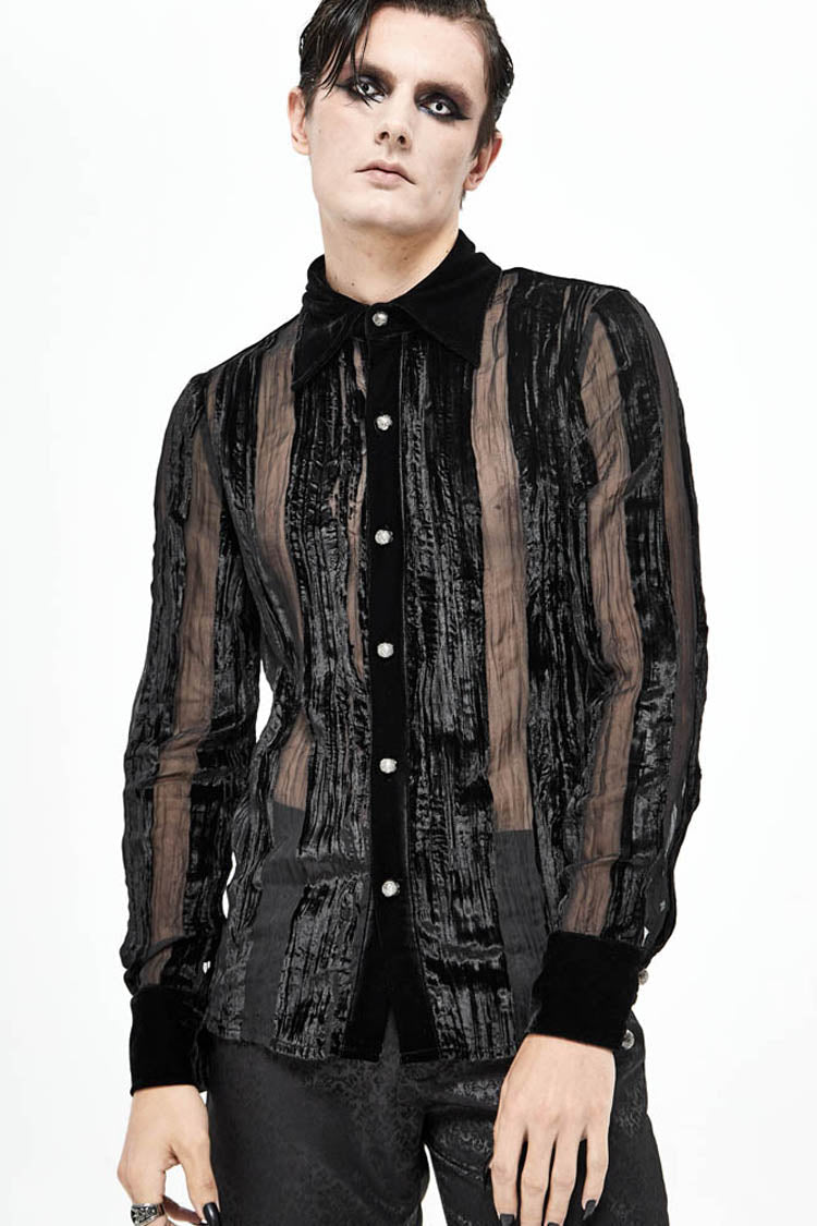 Black Striped Velvet Fold Mushroom Metal Buckles Long Sleeve Irregular Men's Gothic Shirt - Product - 2