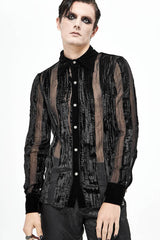 Black Striped Velvet Fold Mushroom Metal Buckles Long Sleeve Irregular Men's Gothic Shirt - Product - 2