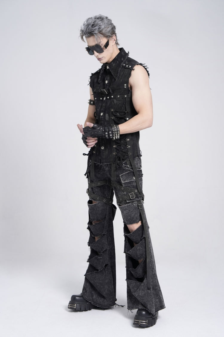 Black Ripped Chain-Decorated Men's Punk Cool Cosplay Pants with Big-pocket - Product - 2