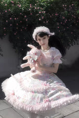 White/Pink Sleeveless Flower Wall Print Ruffle Bowknot Lace Sweet Lolita Jsk Dress - Product - 15