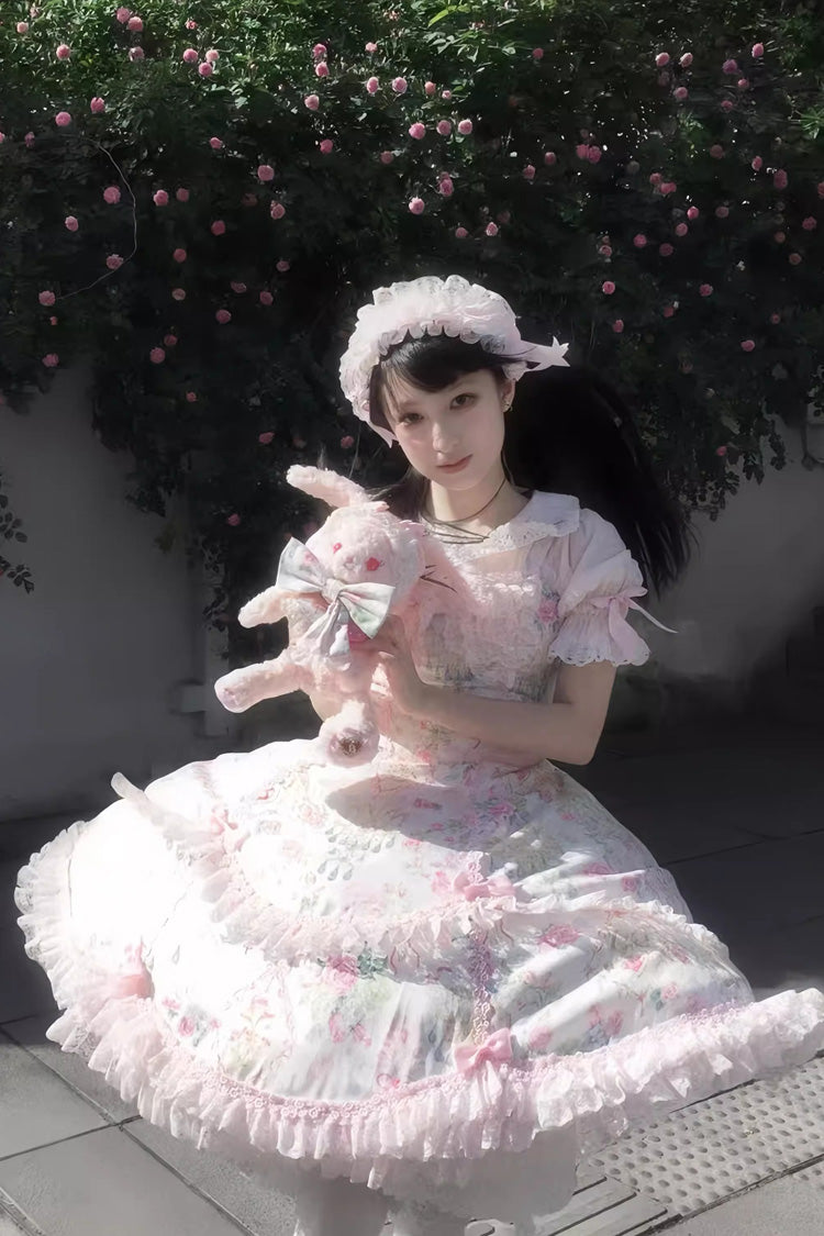White/Pink Sleeveless Flower Wall Print Ruffle Bowknot Lace Sweet Lolita Jsk Dress - Product - 15