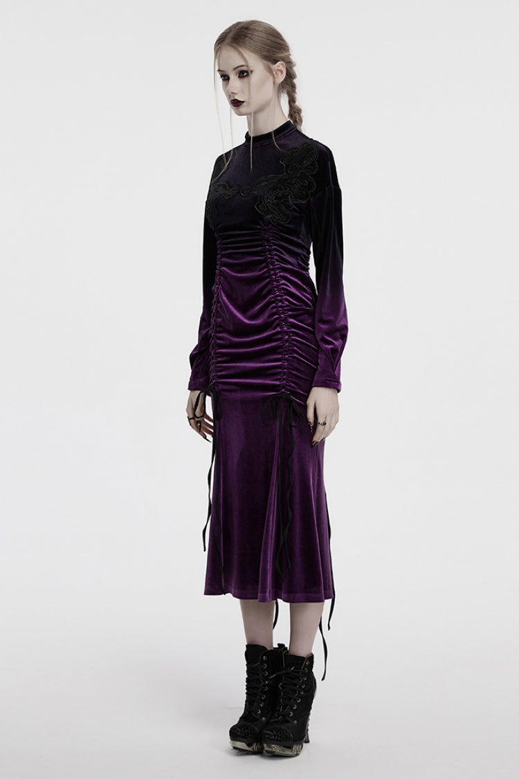 Black/Purple Drawstring Long Sleeves Gradient Women's Gothic Dress - Product - 2