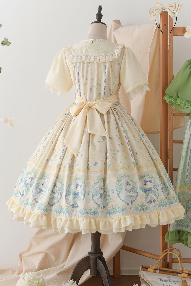 Beige [Lily of the Valley Cat] Print Ruffle Embroidery Bowknot Sweet Lolita Dress - Product - 5