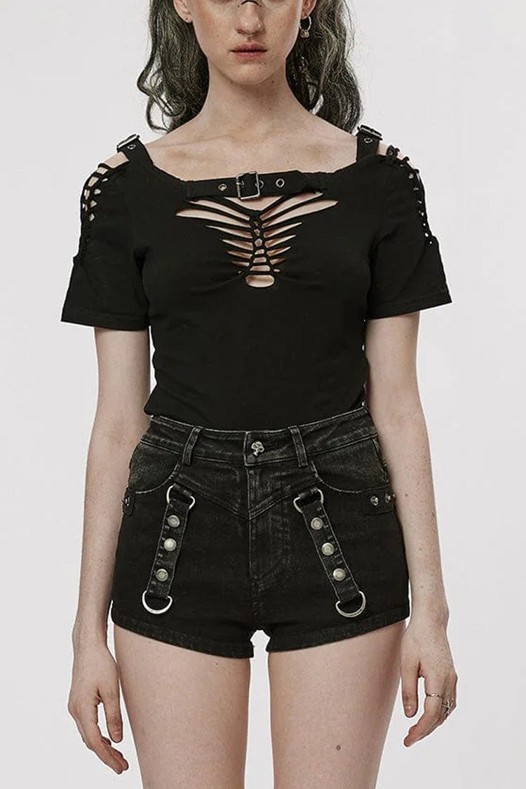 Black Short Sleeves Ripped Womens Steampunk T-Shirt with Adjustable Distressed Shoulders and Chest - Black - 1