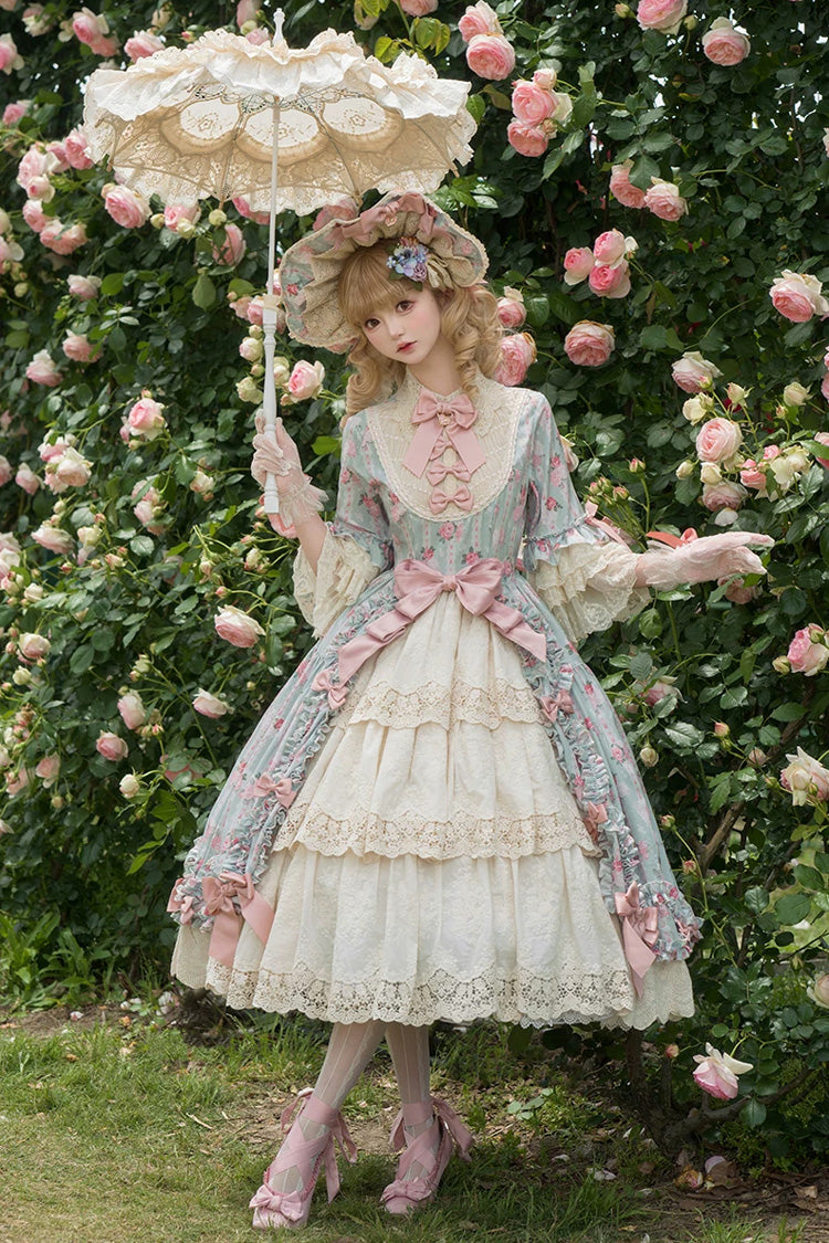 Green [Lilica Garden] Lapel Collar Short Trumpet Sleeves Flower Wall Printed Ruffled Open-Front Bow Lace Sweet Elegant Luxurious Lolita Dress - Product - 2