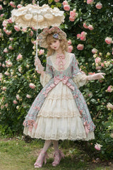 Green [Lilica Garden] Lapel Collar Short Trumpet Sleeves Flower Wall Printed Ruffled Open-Front Bow Lace Sweet Elegant Luxurious Lolita Dress - Product - 2