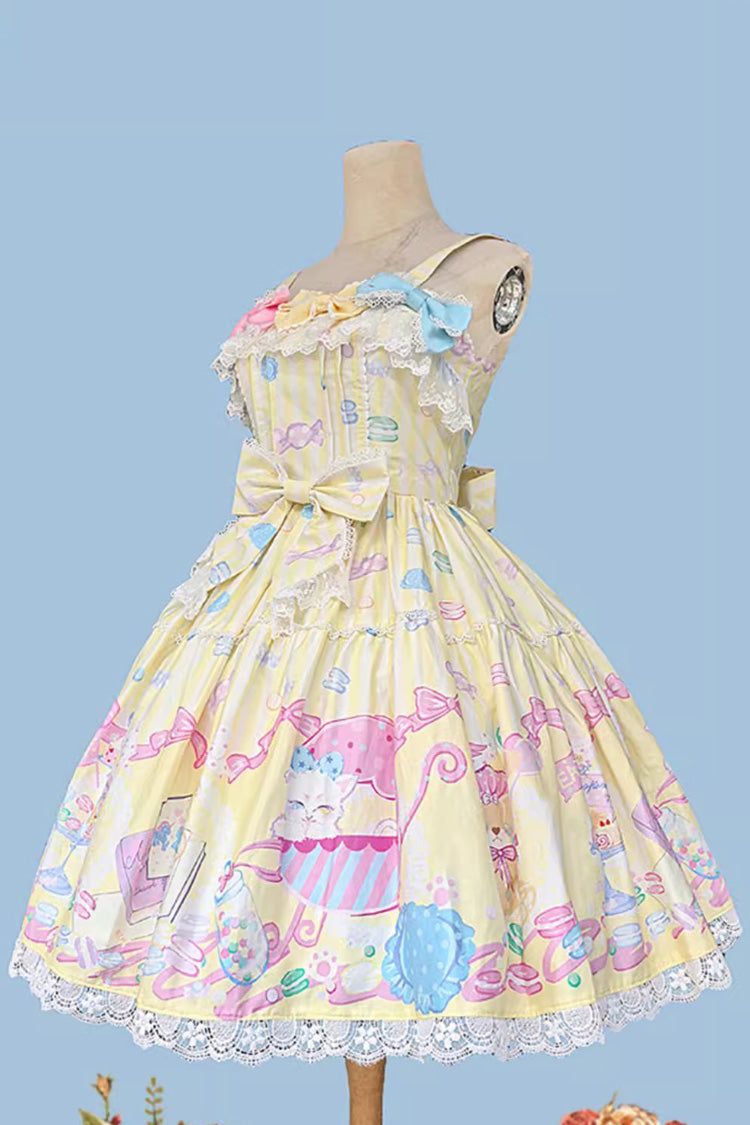 Yellow [Macaron Dolly House] Sleeveless Print Bowknot Sweet Lolita Jsk Dress - Product - 6