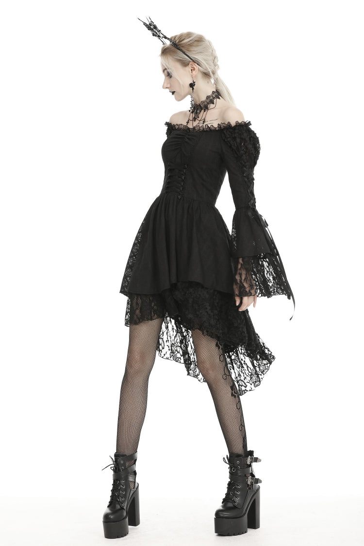 Black Off Shoulder Long Trumpet Puff Sleeves Lace-Up Strappy Mesh Women's Gothic Cocktail Dress - Product - 11