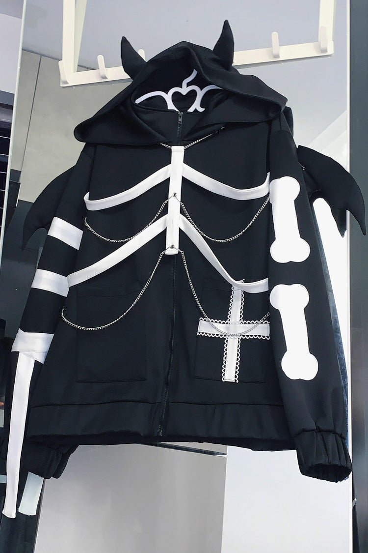 Black Devil Wings Long Sleeves Yabi Chain Bones Hooded Gothic Jirai Kei Coat - Product - 5