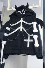 Black Devil Wings Long Sleeves Yabi Chain Bones Hooded Gothic Jirai Kei Coat - Product - 5