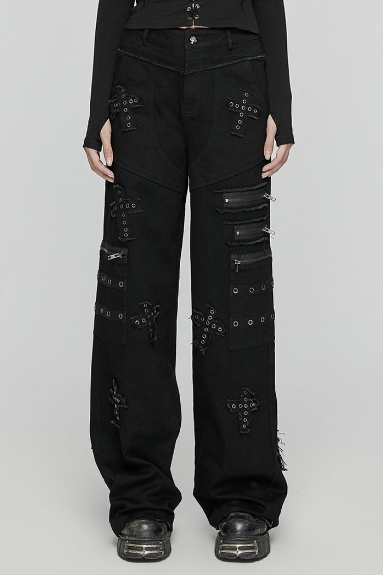 Black Women's Punk Cross Patch Big-pocket Denim Pants - Black - 1