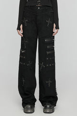 Black Women's Punk Cross Patch Big-pocket Denim Pants - Black - 1