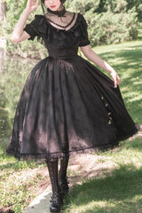 Black Daisy Print Cherry Embroidery Edwardian Collar Short Sleeves Gothic Lolita Dress - Black - 1