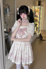 Pink [Teddy Bear Party] Square Collar Short Sleeves Printed Ruffled Bow Lace Sweet Jirai Kei Japanese Dress - Product - 7