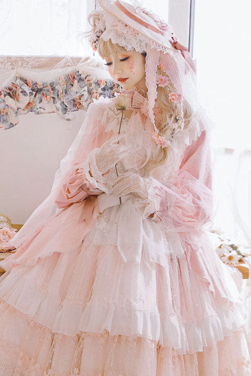 Pink Hanayome Long Sleeves Bowknot Multi-Layer Ruffled Sweet Lolita OP Tiered Dress - Product - 3