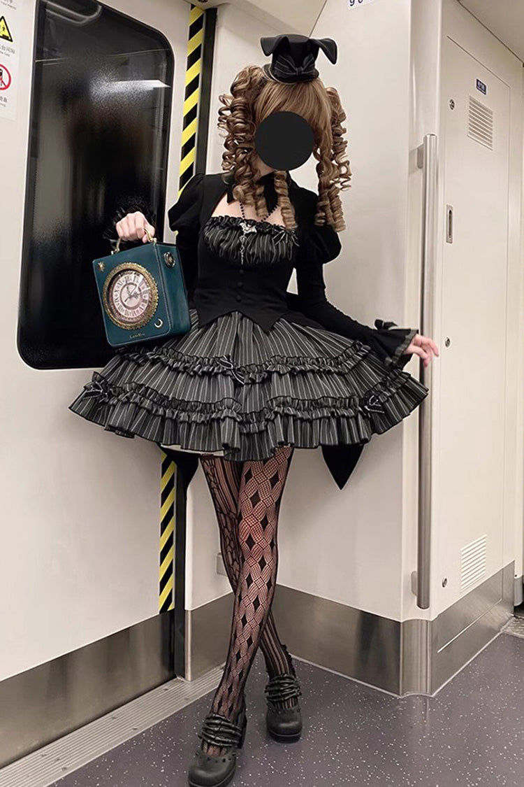 Black [Duke of the Trap Rabbit] Long Sleeves Stripe Print Ruffle Bowknot Lace Gothic Lolita Dress - Product - 7
