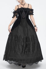 Black Off Shoulder High Waisted Print Lace Women's Gothic Dress - Black - 1