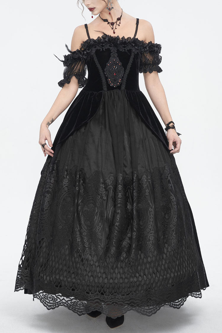 Black Off Shoulder High Waisted Print Lace Women's Gothic Dress - Black - 1