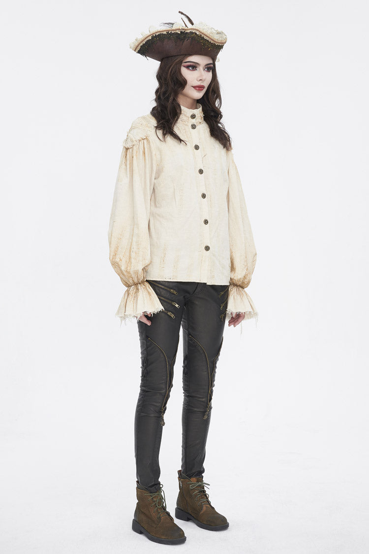 Beige Stand Collar Lantern Sleeves Print Lace Women's Punk Blouse - Product - 3